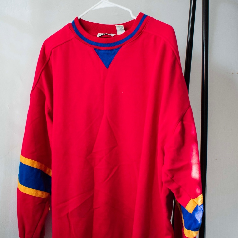 Vintage Red Crewneck Sweater with Blue and Yellow Accents